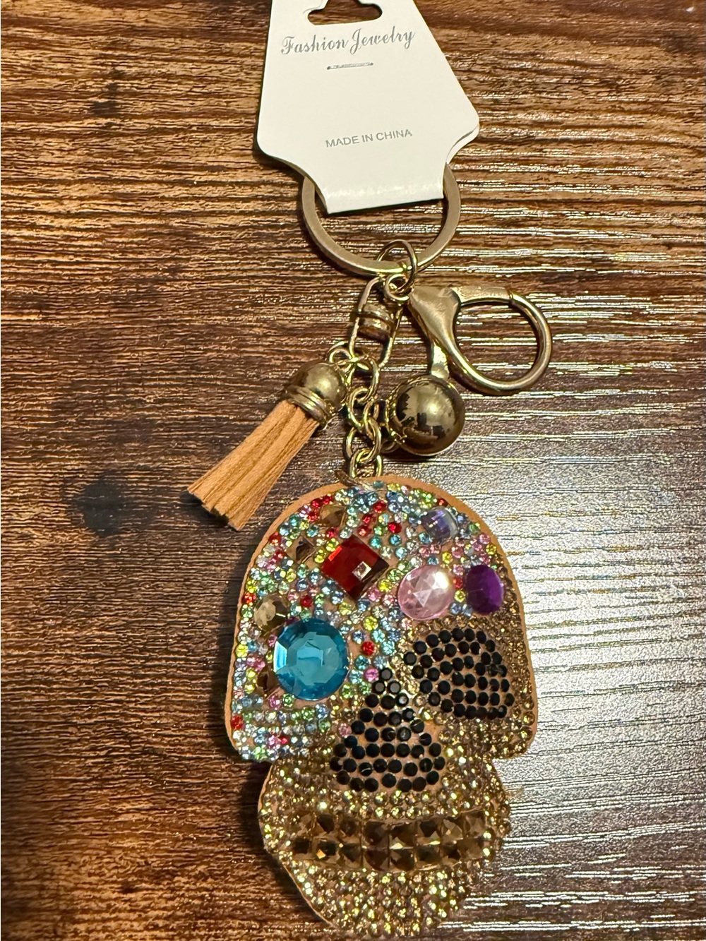 Fashion Jewelry Gold-tone Multicolor Crystal Skull Keychain with Tan Tassel